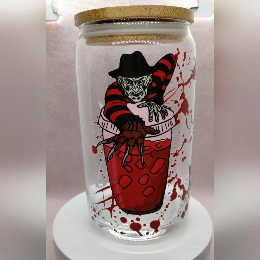 Freddy Krueger Horror 16oz Glass Can Cup Bamboo Lid Straw UV DTF Wrap Handmade